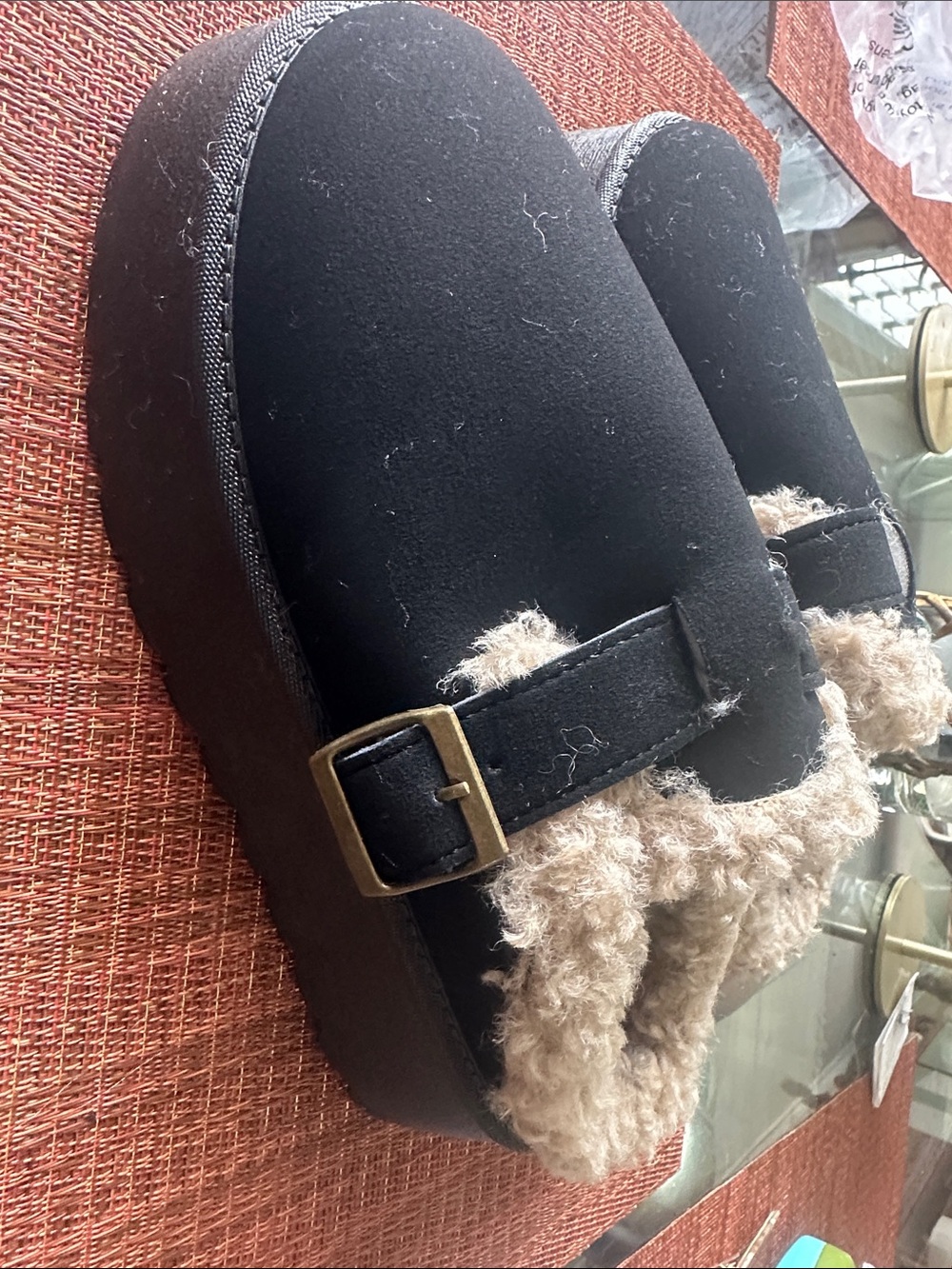 Black Faux-Suede Buckle Clog Slippers with Shearling Trim